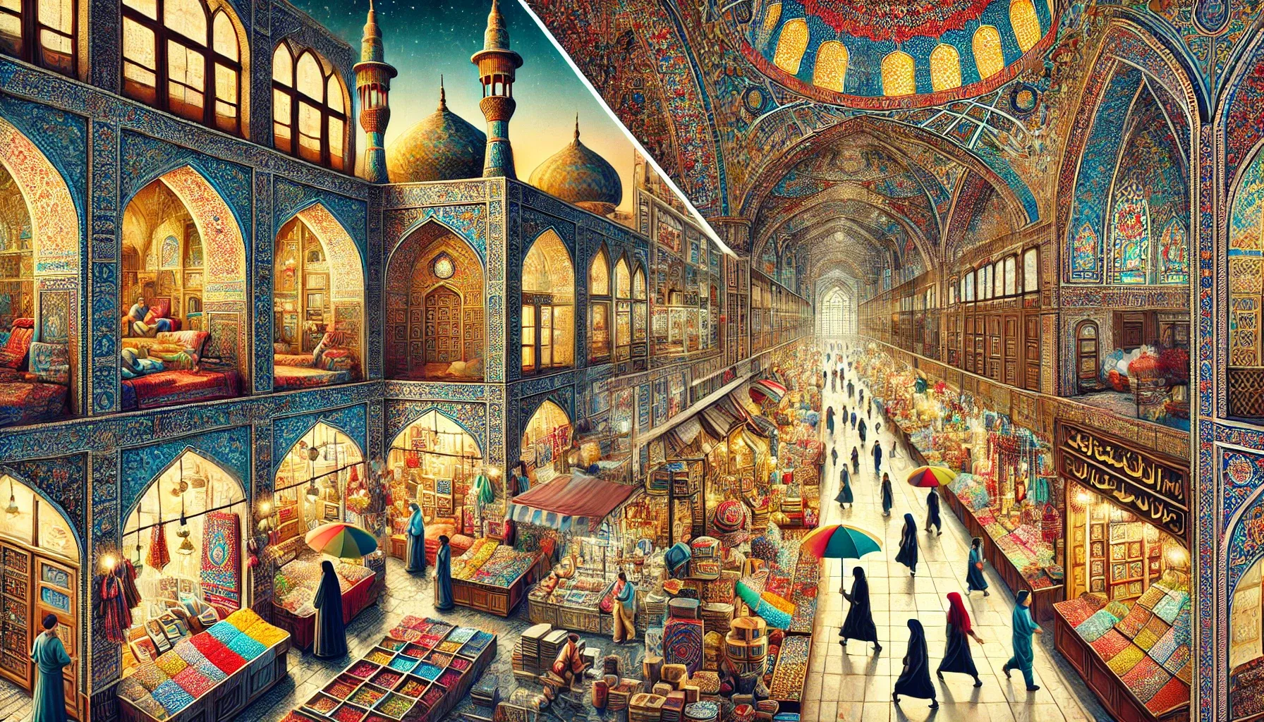 DALL·E 2025 05 13 18.39.09 A vibrant and detailed depiction of two contrasting marketplaces. One side features the bustling Tehran Bazaar with traditional Iranian architectural 1