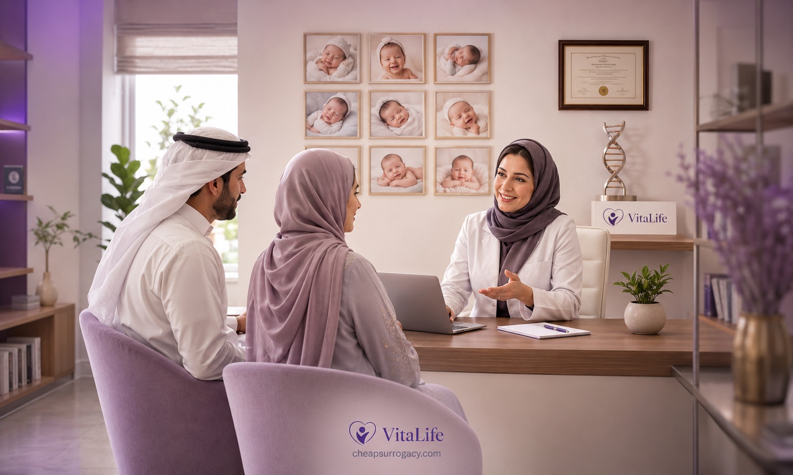 Arab couple meeting with a female fertility doctor in her office in Iran, with photos of newborn babies on the wall behind her